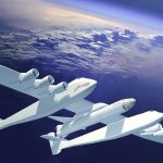 Artist’s depiction of Stratolaunch carrier at apogee, just before launching spacecraft (center vehicle) into orbit.