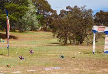 Racing drones taking off from the starting blocks at a Canberra Multirotor Racing Club race day.