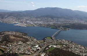 Aerial view of Tasman bridge and Hobart