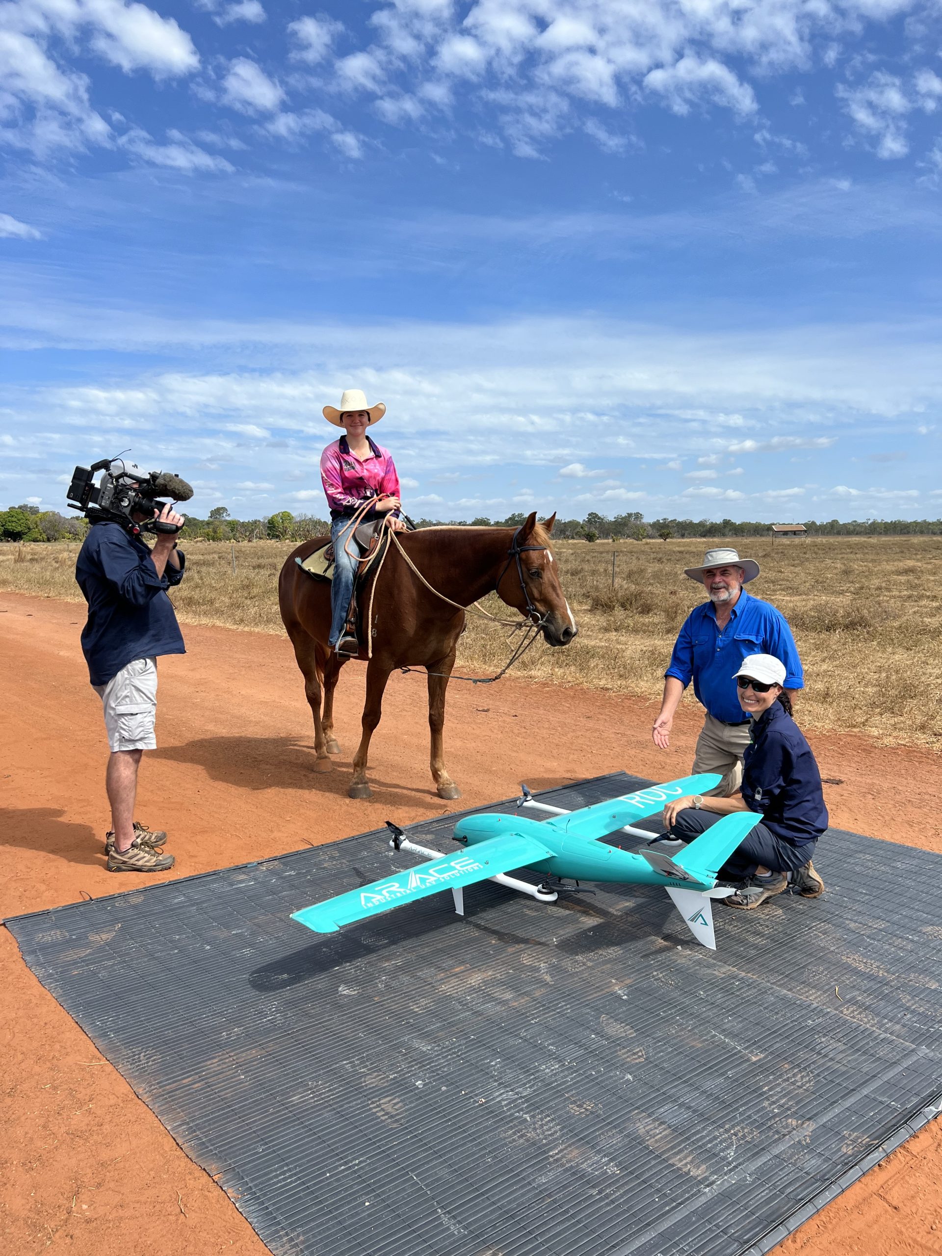 Rebecca and team filming, Twenty to the Mile – The Overland Telegraph Pole, documentary with Derek Pugh at the Charles Darwin University campus, Katherine, NT (Source: NACAS)