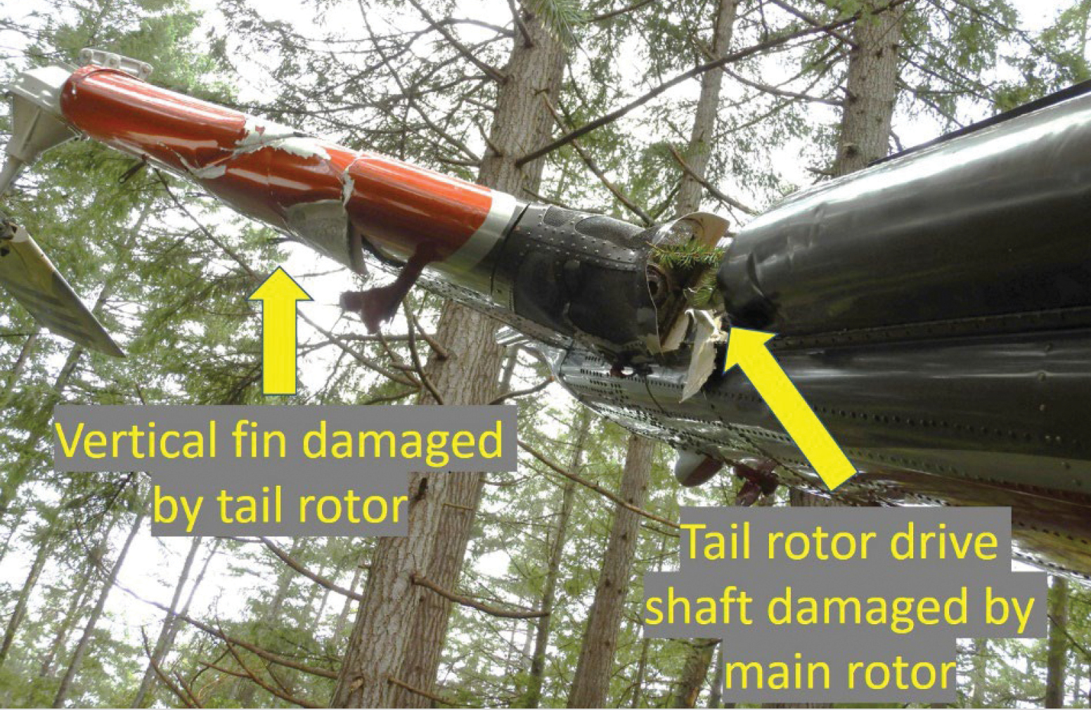 The damaged tail fin of a crashed helicopter