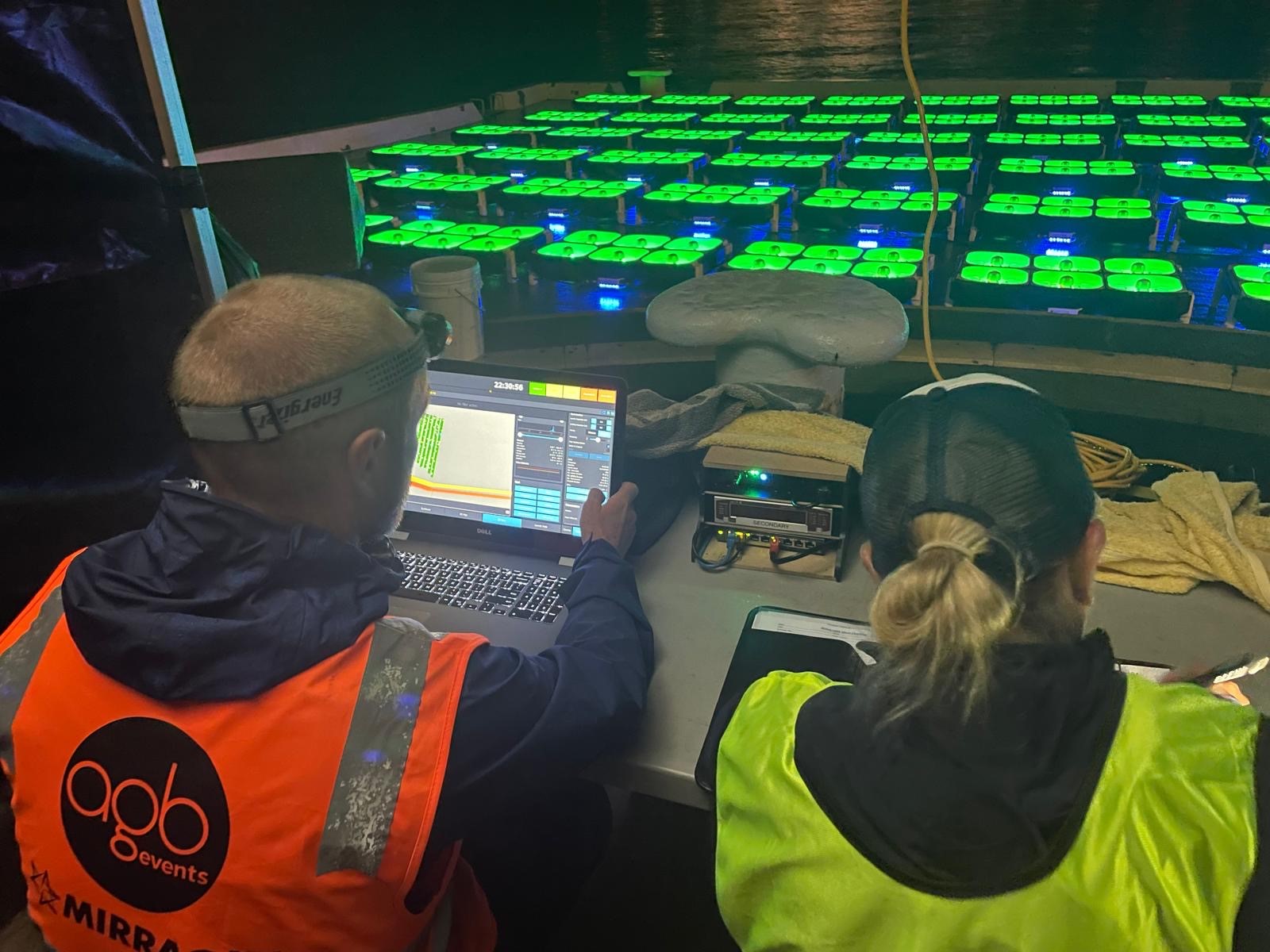 Two people sitting at a desk with a laptop in front of several drones on the ground that are all green.